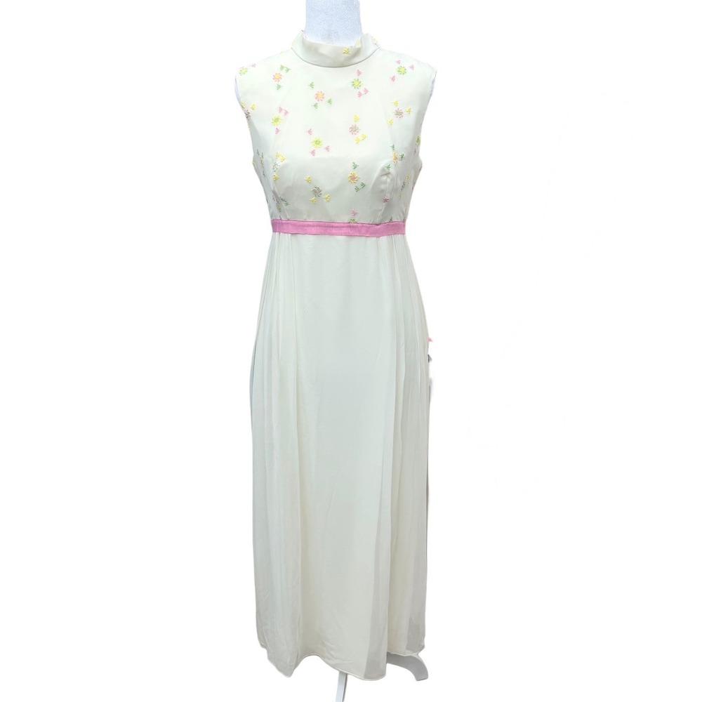 Vintage 60s ILGWU Flowy Floral Chiffon Dress Ivory Cream Wedding Ethereal Garden